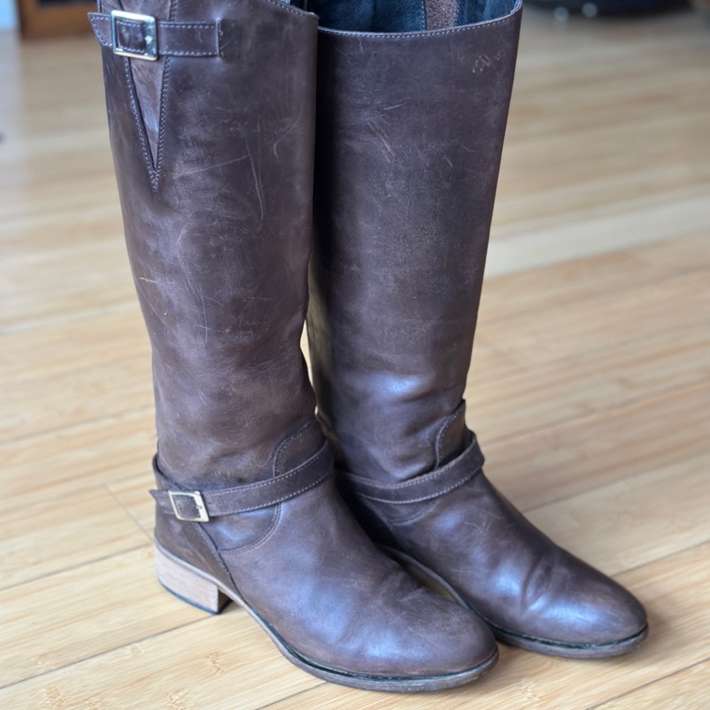 Charles David Leather Riding Boots Brown Tall Boots Red Back Zip Women’s 7